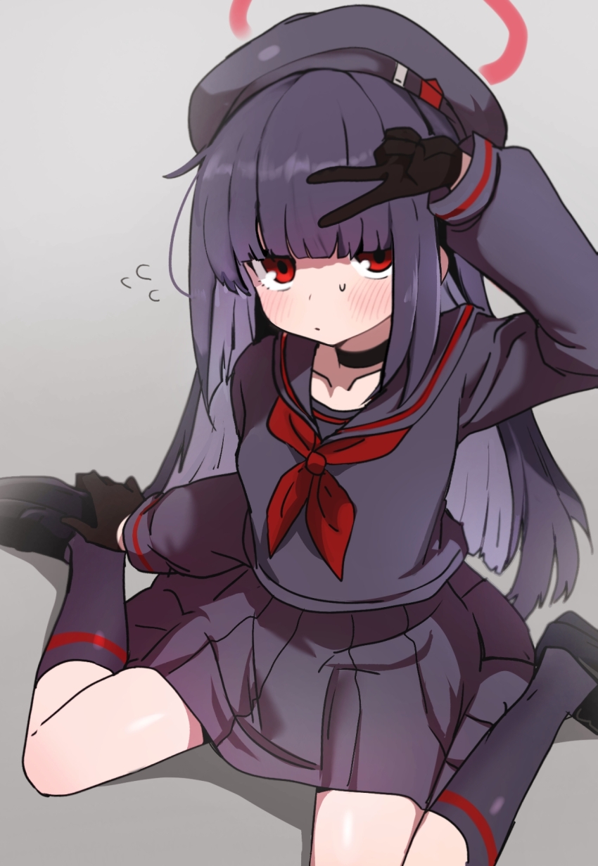 1girl beret black_choker black_gloves black_hair black_sailor_collar black_serafuku black_shirt black_shoes black_skirt black_socks blue_archive choker commentary english_commentary flying_sweatdrops gloves grey_background halo hat highres justice_task_force_member_(blue_archive) kneehighs limao long_hair long_sleeves looking_at_viewer neckerchief pleated_skirt red_eyes red_halo red_neckerchief sailor_collar school_uniform serafuku shirt shoes sidelocks simple_background sitting skirt socks sweatdrop v v_over_head wariza