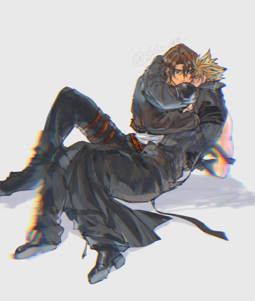 2boys arm_around_neck armor belt black_cape black_footwear black_gloves black_jacket black_pants black_sleeves black_vest blonde_hair boots brown_belt brown_hair cape closed_eyes cloud_strife cropped_jacket final_fantasy final_fantasy_vii final_fantasy_vii_advent_children final_fantasy_viii full_body gloves grey_background hair_between_eyes highres hug jacket leather leather_jacket male_focus multiple_belts multiple_boys pants popped_collar scar scar_on_face scar_on_forehead sharp_teeth shio_ga shirt short_hair shoulder_armor single_bare_shoulder single_shoulder_pad single_sleeve squall_leonhart teeth thigh_belt thigh_strap twitter_username vest waist_cape white_shirt yaoi