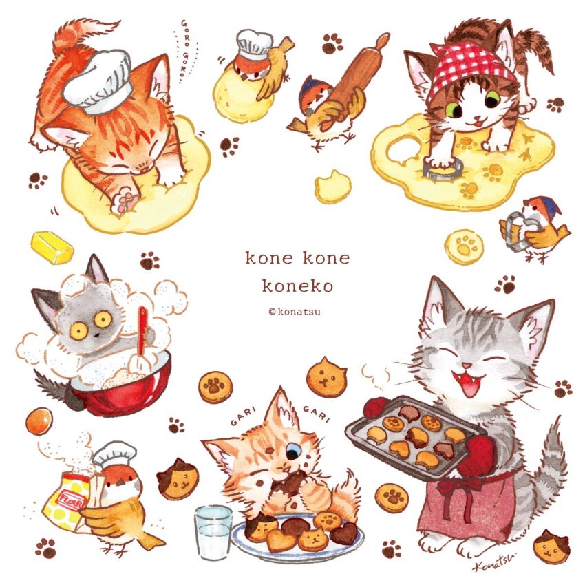 5others all_fours animal_ears animal_feet animal_hands baby_animal baking bandana bird black_fur blue_eyes bowl brown_fur cat cat_ears cat_tail chef_hat child commentary cookie cookie_cutter cooking eating fangs feral_instincts finch flour food furry green_eyes grey_fur hat highres kitten kneading_(behavior) kneading_dough konatsu_tunacan milk multiple_others one_eye_closed open_mouth orange_fur original other_focus pawpads red_bandana simple_background smile tail traditional_media white_background