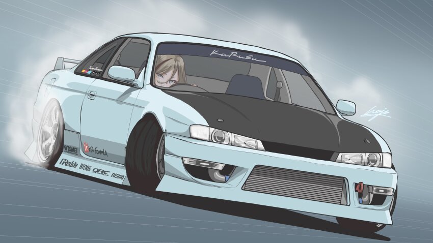 1girl absurdres aqua_car blue_eyes bride_(brand) brown_hair car drifting frown hair_between_eyes highres kurusu_natsume long_hair looking_to_the_side motor_vehicle multicolored_hair nijisanji nismo nissan nissan_silvia nissan_silvia_s14 red_hair shadow signature smoke solo spoiler_(automobile) sponsor sports_car streaked_hair tomei_(brand) vehicle_focus virtual_youtuber waju220