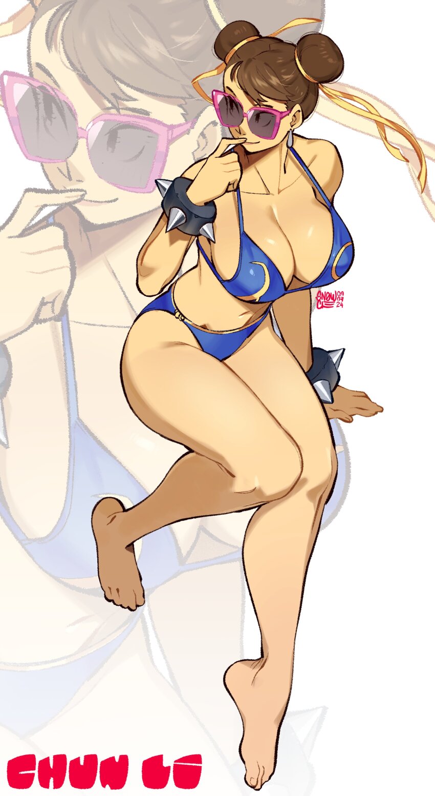 absurdres bikini bracelet breasts brown_hair capcom chun-li highres jewelry large_breasts snowcie spiked_bracelet spikes street_fighter sunglasses swimsuit watermark