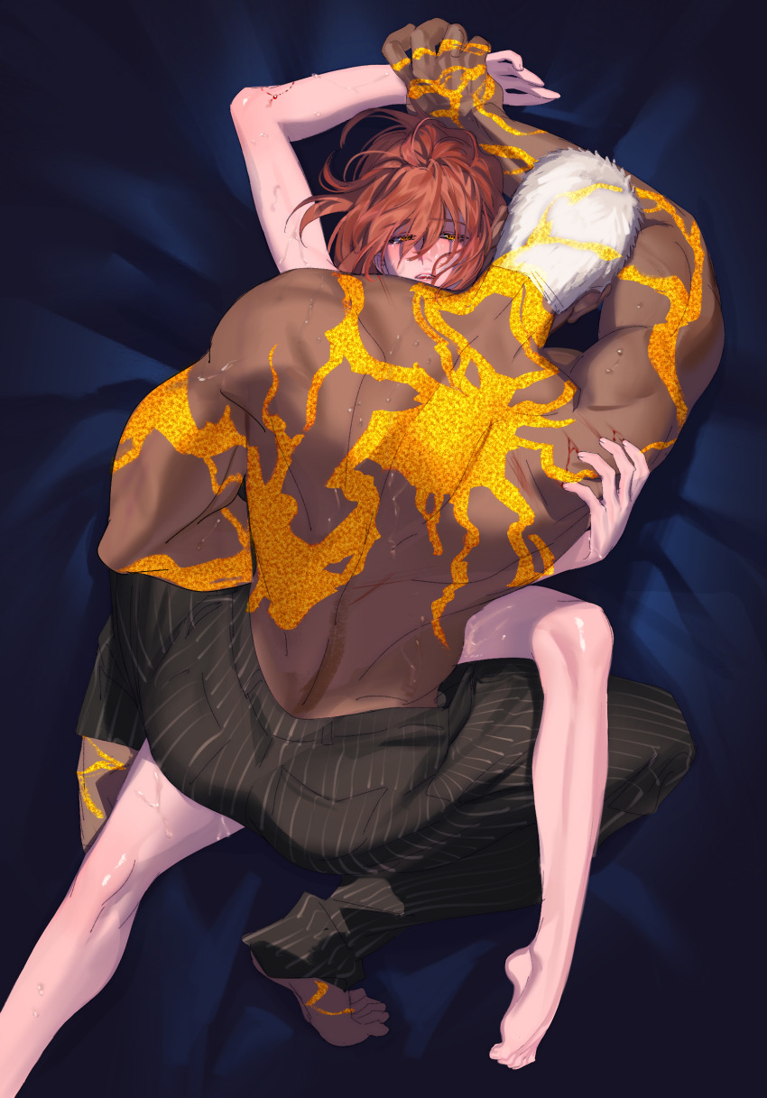 1boy 1girl barefoot bite_mark black_pants blood blush closed_eyes clothed_female_nude_male commentary_request dark-skinned_male dark_skin emiya_alter emiya_alter_(third_ascension) fate/grand_order fate_(series) fujimaru_ritsuka_(female) hetero highres interracial missionary muscular muscular_male nude pants pinstripe_pants pinstripe_pattern red_hair sex shinkaifuyuki striped_clothes striped_pants sweat topless_male vertical-striped_clothes vertical-striped_pants white_hair