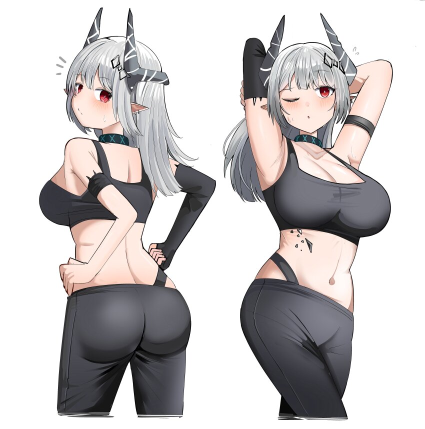 1girl absurdres arknights armpits ass bandaged_arm bandages black_gloves black_horns black_leggings black_sports_bra blush breasts bright_pupils cleavage crop_top cropped_legs elbow_gloves fingerless_gloves flying_sweatdrops gloves grey_hair highleg highres horns infection_monitor_(arknights) large_breasts leggings long_hair looking_at_viewer material_growth median_furrow midriff mudrock_(arknights) multiple_views navel notice_lines one_eye_closed oripathy_lesion_(arknights) parted_lips presenting_armpit red_eyes simple_background single_elbow_glove single_fingerless_glove sleeveless spam_(spamham4506) sports_bra standing white_background white_pupils