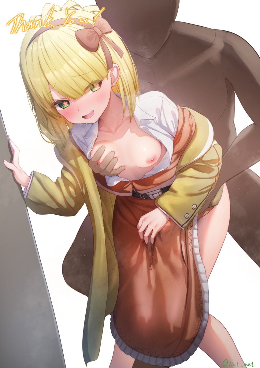 1boy 1girl absurdres blonde_hair braid breasts coat collared_shirt commission commissioner_upload crown_braid cum cum_on_clothes disheveled dress from_behind grabbing_another&#039;s_breast green_eyes groping hairband heart heart-shaped_pupils highres holding implied_sex jacket library_of_ruina long_sleeves nipples non-web_source open_clothes open_mouth orange_dress orange_hairband project_moon shirt short_hair simple_background skirt smile steaming_body symbol-shaped_pupils thighs tiphereth_a_(project_moon) unbuttoned west_24 white_background white_shirt yellow_coat