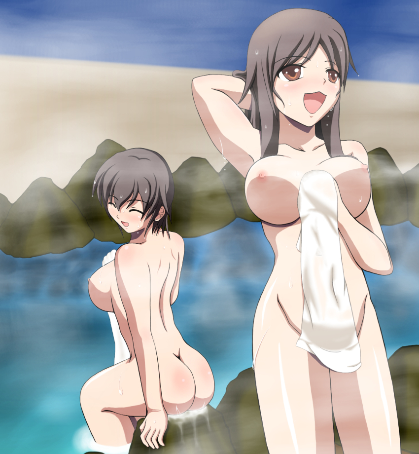 2girls artist_request ass back blush breasts brown_eyes brown_hair closed_eyes convenient_censoring corpse_party from_behind highres large_breasts long_hair multiple_girls nakashima_naomi naked_towel nipples nude onsen open_mouth pixy_(artist) rock shinohara_seiko shiny_skin short_hair sideboob sitting smile towel water wet
