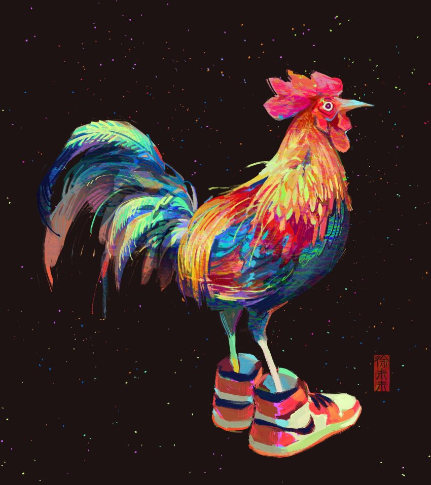 absurdres animal animal_focus artist_logo artist_name beak bird brown_background chicken commentary english_commentary feathers from_side highres logo no_humans original red_shoes shoes simple_background sneakers solo weiwei_(peevishpants)