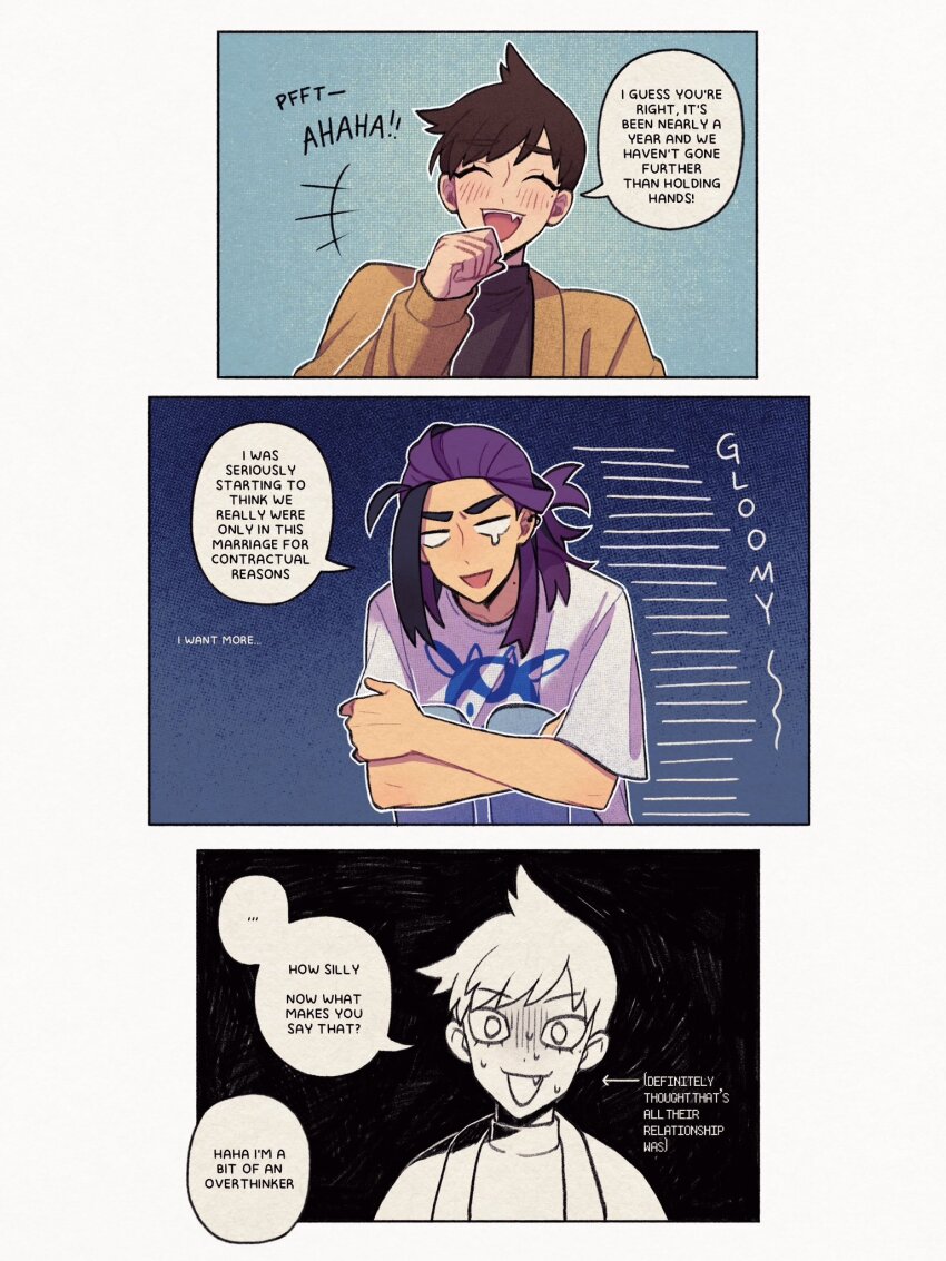+++ 2boys :d black_hair blank_eyes blue_pants blush border brown_hair closed_eyes commentary english_text florian_(pokemon) highres jacket kieran_(pokemon) laughing male_focus multicolored_hair multiple_boys nintendo open_clothes open_jacket open_mouth pants pokemon pokemon_sv purple_hair shirt short_hair short_sleeves smile speech_bubble submashell t-shirt teeth two-tone_hair upper_teeth_only white_border