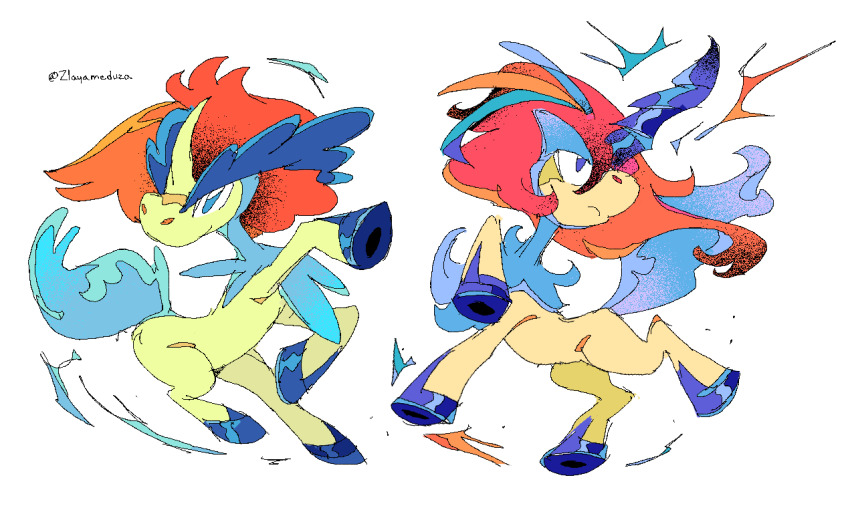 alternate_form artist_name blue_eyes closed_mouth full_body gen_5_pokemon horns keldeo keldeo_(ordinary) keldeo_(resolute) legendary_pokemon looking_up mythical_pokemon nintendo no_humans pokemon pokemon_(creature) simple_background single_horn twitter_username white_background zlayameduza