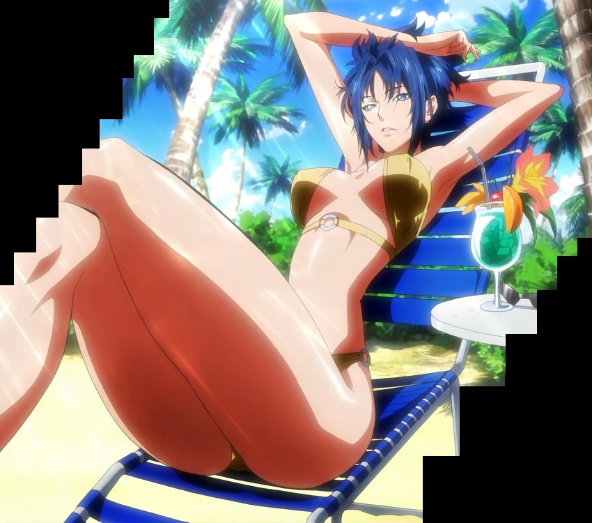 10s 1girl anime_screenshot armpits banpresto bikini blue_hair female_focus highres nishida_asako o-ring o-ring_top sitting solo stitched super_robot_wars super_robot_wars_og_the_inspector super_robot_wars_original_generation super_robot_wars_original_generation_2 swimsuit third-party_edit viletta_badam
