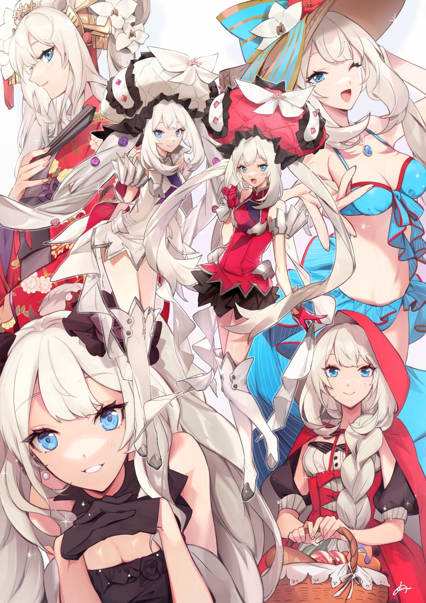 6+girls absurdres bare_shoulders bikini black_dress blue_bikini blue_eyes blush boots braid braided_ponytail breasts cleavage cloak collarbone dress fate/grand_order fate_(series) folding_fan gloves grin hair_ornament hand_fan hat highres hood hooded_cloak japanese_clothes jewelry kimono large_hat long_hair long_sleeves looking_at_viewer marie_antoinette_(fate) marie_antoinette_(festival_outfit)_(fate) marie_antoinette_(formal_dress)_(fate) marie_antoinette_(swimsuit_caster)_(third_ascension)_(fate) marie_antoinette_(the_princess&#039;_pilgrimage)_(fate) marie_antoinette_(third_ascension)_(fate) medium_breasts multiple_girls multiple_views navel necklace no-kan puffy_short_sleeves puffy_sleeves red_cloak red_dress red_kimono sarong short_dress short_sleeves sidelocks single_braid sleeveless sleeveless_dress smile straw_hat swimsuit thigh_boots thighhighs thighs twintails very_long_hair white_dress white_footwear white_hair wide_sleeves