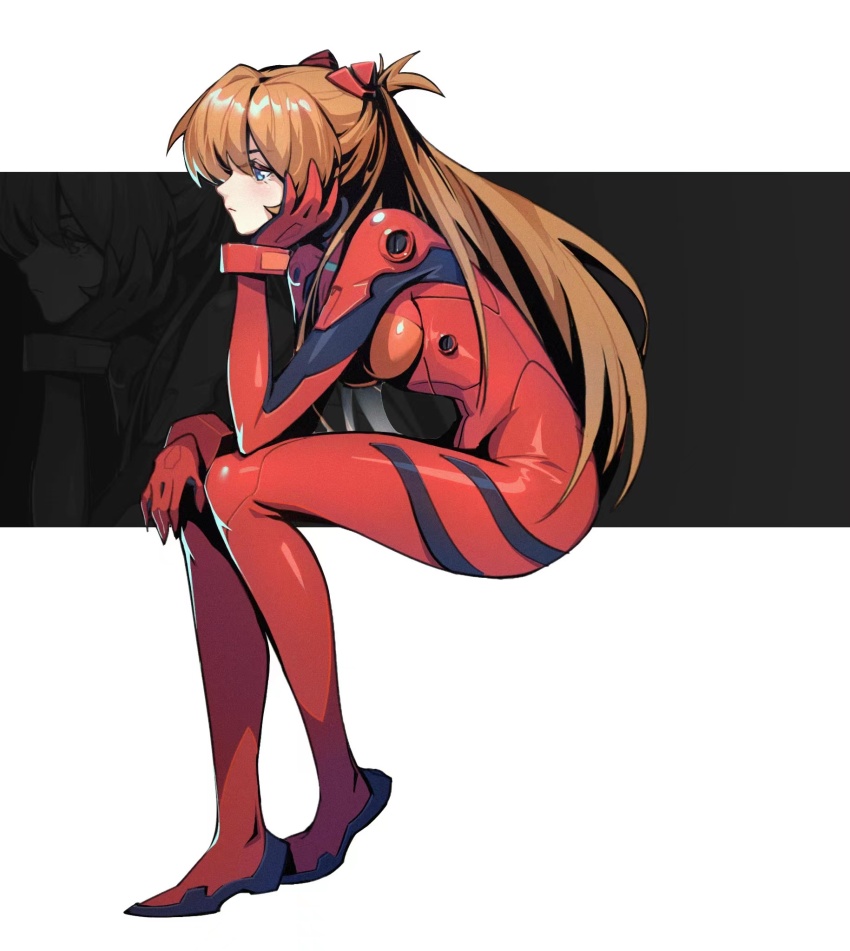 1girl arm_support artist_request ass blue_eyes bodysuit breasts brown_hair expressionless full_body hair_ornament highres interface_headset_(evangelion) invisible_chair long_hair looking_away mecha_pilot_suit medium_breasts neon_genesis_evangelion plugsuit_(evangelion) red_bodysuit simple_background sitting solo souryuu_asuka_langley the_thinker wide_hips zoom_layer