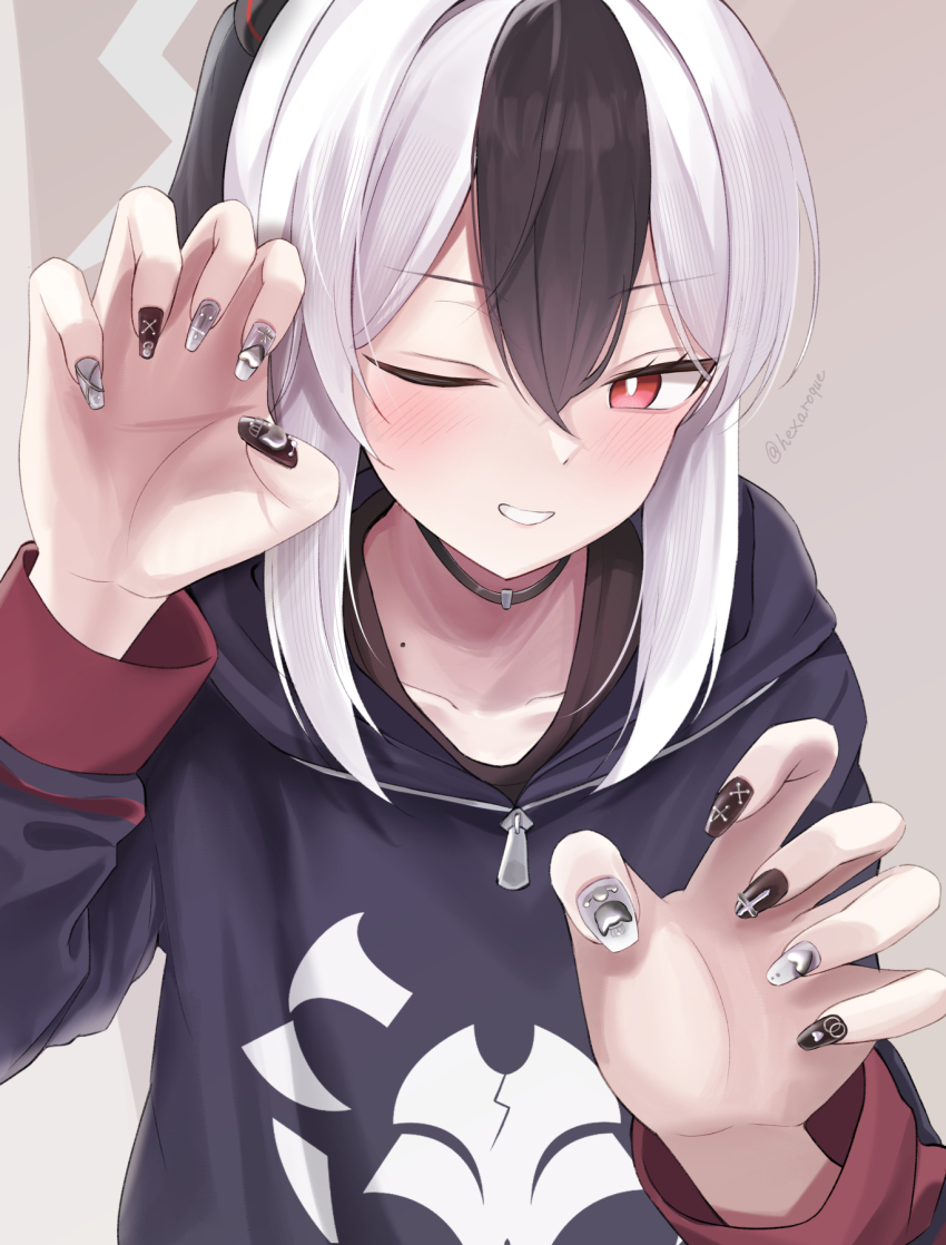 1girl ;d black_choker black_hair black_hoodie black_nails blue_archive blush bright_pupils choker claw_pose commentary_request demon_girl demon_horns double-parted_bangs eyelashes grey_background grey_halo grey_nails grin hair_between_eyes halo hands_up hexaroque highres hood hood_down hoodie horns kayoko_(blue_archive) long_sleeves looking_at_viewer medium_hair mole mole_on_neck multicolored_hair nail_polish one_eye_closed open_mouth ponytail red_eyes sidelocks simple_background smile solo tsurime twitter_username two-tone_hair white_hair white_pupils zipper