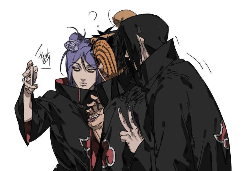 1girl 3boys ? akatsuki_uniform back black_coat black_hair black_nails blonde_hair cellphone coat commentary_request deidara_(naruto) dong2taku eyeshadow face_piercing flower flying_sweatdrops gloves hair_bun hair_flower hair_ornament hand_mouth high_collar highres holding holding_phone intangible jewelry konan_(naruto) labret_piercing long_hair long_sleeves makeup mask multiple_boys nail_polish naruto_(series) naruto_shippuuden orange_eyes orange_mask phone piercing purple_hair ring selfie short_hair single_hair_bun taking_picture tobi_(naruto) tongue tongue_out translation_request uchiha_itachi uchiha_obito v
