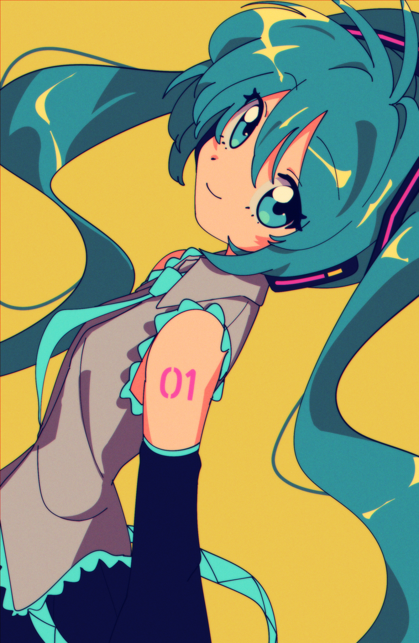 1girl absurdres aqua_eyes aqua_hair aqua_necktie bare_shoulders collared_shirt commentary detached_sleeves grey_shirt hair_ornament hatsune_miku highres long_hair looking_at_viewer necktie number_tattoo nzeneee shirt sleeveless sleeveless_shirt smile solo tattoo twintails upper_body vocaloid yellow_background