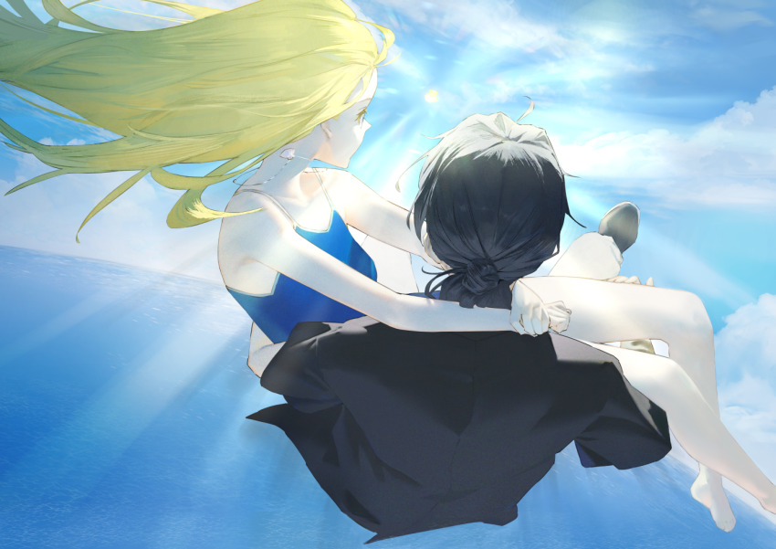 1boy 1girl ajiro_shinpei black_hair black_jacket blonde_hair blue_one-piece_swimsuit blue_sky carrying falling jacket kofune_ushio light_rays long_hair medium_hair mi8pq midair ocean one-piece_swimsuit outdoors sky summertime_render sun swimsuit water