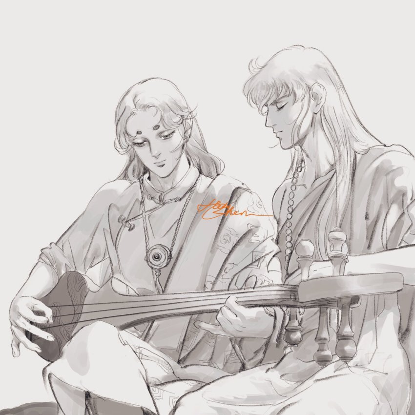 2boys aries_muu artist_name beads collarbone crossed_legs guitar highres instrument jewelry long_hair monochrome multiple_boys music parted_bangs pendant playing_instrument robe saint_seiya signature simple_background sitting suddhimagga toga virgo_shaka