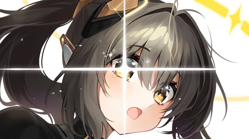 1girl brown_eyes brown_hair gradient_eyes hair_between_eyes headgear highres long_hair looking_at_viewer multicolored_eyes myam_(123ab456c) nanami:_startrail_(pgr) nanami_(pgr) open_mouth ponytail punishing:_gray_raven sidelocks solo symbol-shaped_pupils