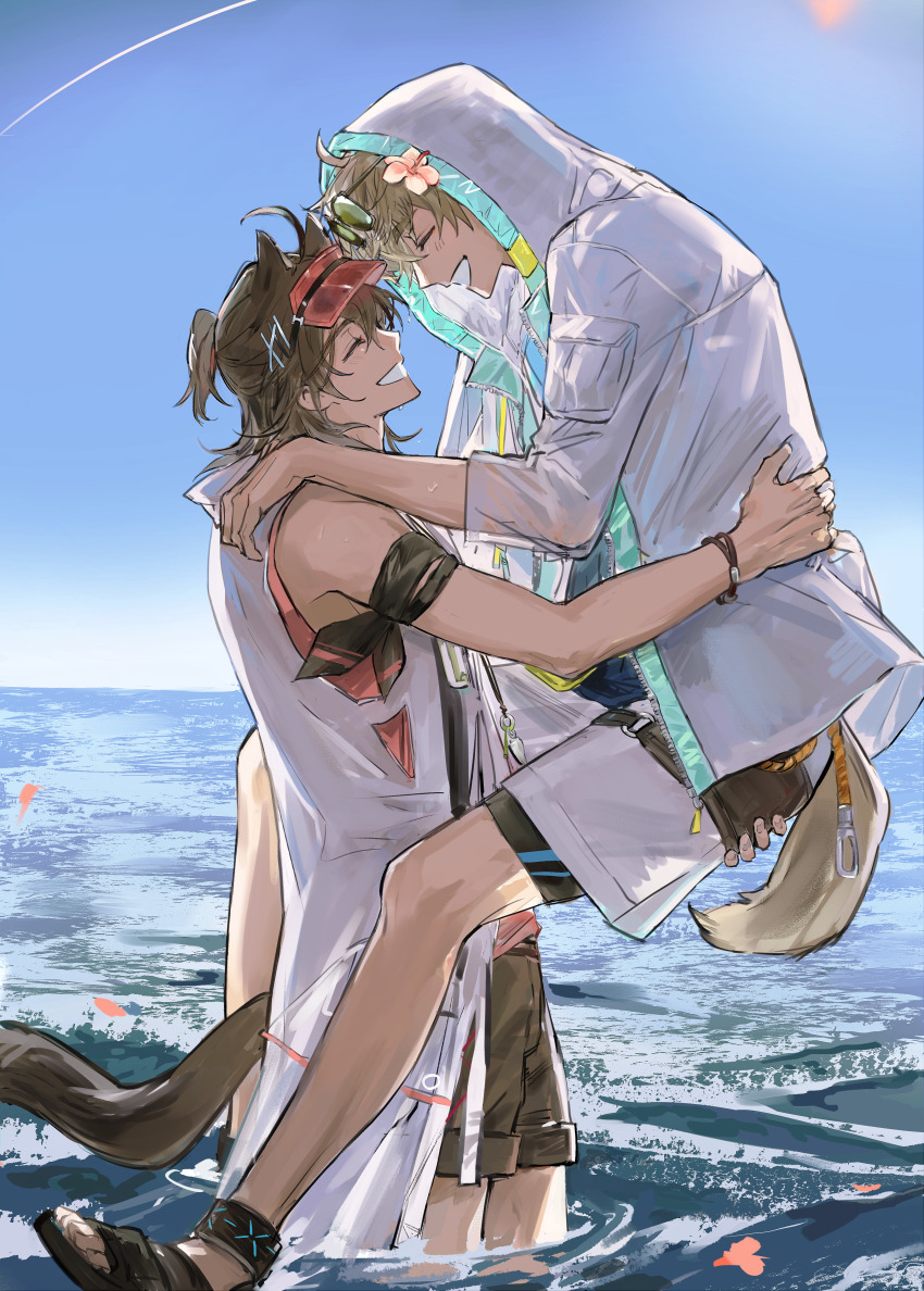 2boys absurdres animal_ears anklet arknights bandana bandana_around_arm belt black_bandana black_footwear black_streaks blonde_hair blue_sky blue_vest brown_hair brown_shorts carrying carrying_person cat_boy cat_ears cat_tail chinese_commentary closed_eyes commentary_request dog_boy dog_ears dog_tail eyewear_on_head fanny_pack flower gradient_background grey_shorts hair_between_eyes hair_flower hair_ornament hand_on_another&#039;s_ass hands_on_another&#039;s_shoulders highres hood hood_up hooded_jacket infection_monitor_(arknights) jacket jewelry looking_at_another looking_down looking_up male_focus messy_hair multiple_boys ocean open_clothes open_jacket orange_rope petals picking_up ponytail rebels02091 red_vest red_visor rope sandals see-through_clothes see-through_sleeves shorts sky sleeveless sleeveless_jacket three-quarter_sleeves smile stainless_(arknights) stainless_(beach_guard)_(arknights) sunglasses tail teeth tequila_(arknights) thigh_strap tied_hoodie_strings vest visor_cap water white_jacket x_hair_ornament yaoi yellow_belt