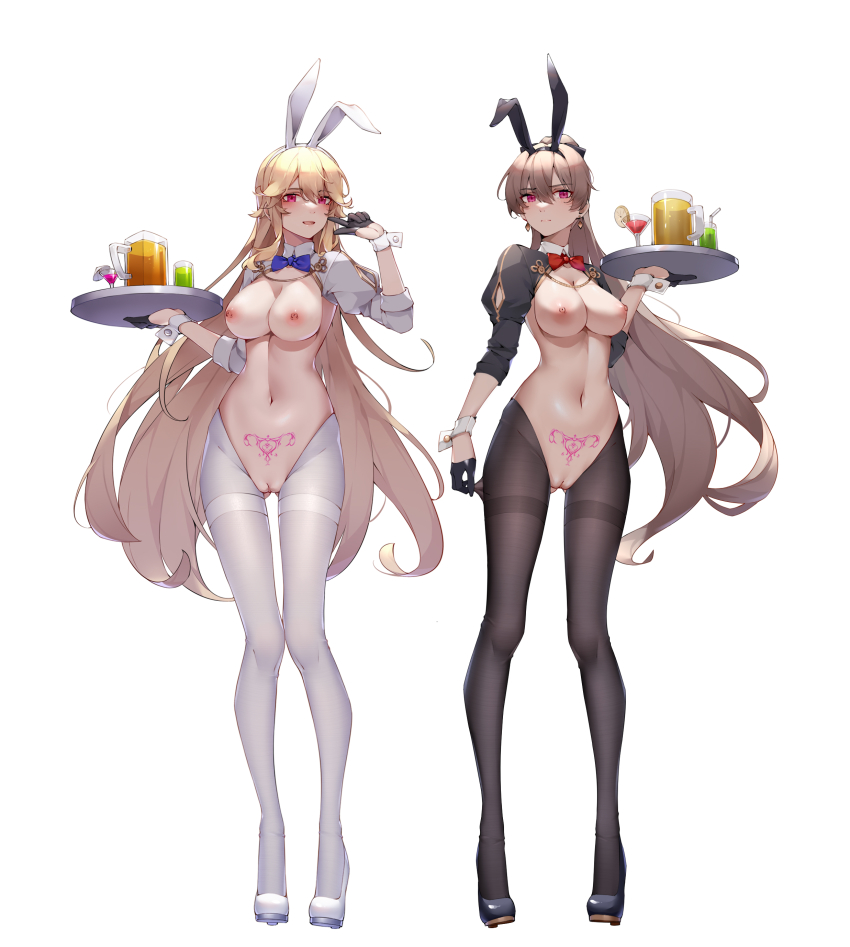 2girls absurdres alternate_costume animal_ears arm_cutout arm_up azur_lane black_footwear black_gloves black_pantyhose blonde_hair blue_bow blue_bowtie blush bow bowtie breasts brown_hair cleavage clothing_cutout commentary_request detached_collar earrings fake_animal_ears gloves gluteal_fold hair_between_eyes half_gloves high_heels high_ponytail highres holding holding_tray jean_bart_(azur_lane) jewelry large_breasts long_hair multiple_girls navel nipples pantyhose ponytail pubic_tattoo pussy rabbit_ears red_bow red_bowtie red_eyes reverse_bunnysuit reverse_outfit richelieu_(azur_lane) simple_background strapless tattoo thigh_gap thighband_pantyhose tray v white_background white_footwear white_pantyhose wrist_cuffs wsfw