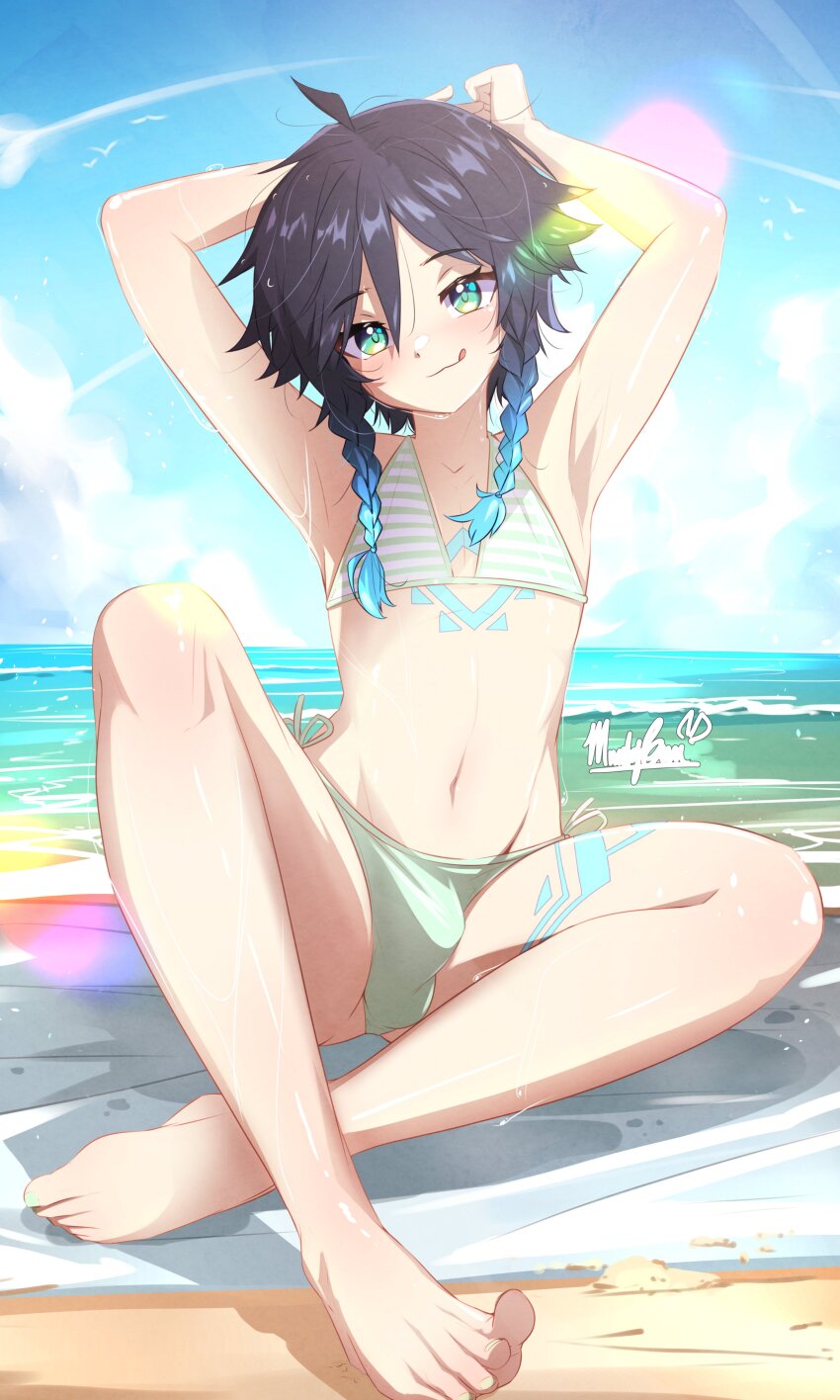 1boy absurdres alternate_costume armpits arms_up artist_name barefoot bikini blue_hair blue_sky blush braided_sidelocks bulge closed_mouth crossdressing crossed_ankles day feet genshin_impact gradient_hair green_bikini green_eyes hair_between_eyes highres knee_up legs licking_lips male_focus marky_evan multicolored_hair nail_polish navel outdoors short_hair_with_long_locks sitting sky solo striped_bikini striped_clothes swimsuit toenail_polish toenails toes tongue tongue_out trap venti_(genshin_impact)