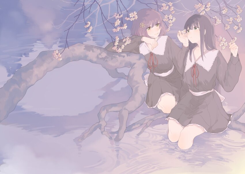 2girls absurdres black_hair branch broom broom_riding brown_hair flower flowers_(innocent_grey) hair_flower hair_ornament hand_on_another&#039;s_cheek hand_on_another&#039;s_face hand_on_own_cheek hand_on_own_face highres holding holding_flower keiya kousaka_mayuri long_hair long_sleeves looking_at_another multiple_girls outdoors pleated_skirt red_ribbon ribbon school_uniform shirahane_suou sitting skirt soaking_feet water yuri