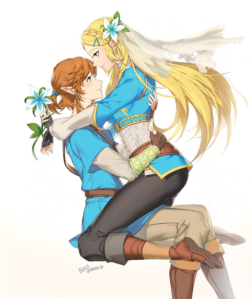 1boy 1girl belt black_gloves black_pants blonde_hair blue_eyes blue_shirt blush boots braid breasts brown_footwear brown_gloves brown_hair closed_mouth commentary corset couple crown_braid dated earrings eye_contact feet_out_of_frame fingerless_gloves flower from_side full_body girl_on_top gloves green_eyes grey_pants hair_flower hair_ornament hair_tie hairclip hetero highres holding holding_flower hug jewelry knee_boots kneeling link long_hair long_sleeves looking_at_another looking_down looking_up low_ponytail medium_breasts muse_(rainforest) neck nintendo pants pointy_ears ponytail princess_zelda profile shirt short_hair short_ponytail signature silent_princess simple_background sitting smile the_legend_of_zelda the_legend_of_zelda:_breath_of_the_wild torn_clothes torn_veil veil very_long_hair white_background white_flower