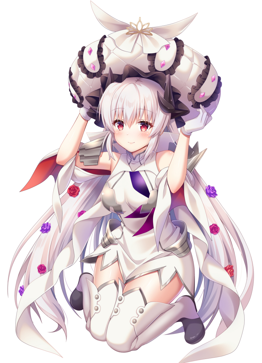 1girl breasts cosplay dragon_girl dragon_horns dress fate/grand_order fate_(series) frilled_hat frills gloves grey_hair hat highres horns kiyohime_(fate) kiyohime_(third_ascension)_(fate) large_breasts large_hat long_hair marie_antoinette_(fate) marie_antoinette_(fate)_(cosplay) marie_antoinette_(third_ascension)_(fate) multiple_horns red_eyes short_dress sleeveless sleeveless_dress solo suzumia_(daydream) thighhighs very_long_hair white_dress white_gloves white_hat white_thighhighs