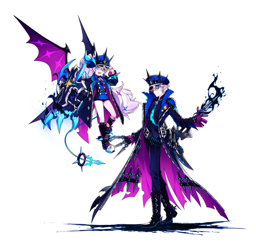 +_+ 1boy 1girl absurdly_long_hair bandaid bandaid_on_knee bandaid_on_leg belt belt_buckle between_fingers black_belt black_boots black_coat black_shirt black_shorts black_socks blue_eyes blue_hat blue_horns blue_neckerchief blue_pants blue_shirt blue_tail boots buckle ciel_(elsword) claws closed_mouth clothing_cutout coat collared_coat collared_shirt dagger darkness demon_girl demon_horns demon_tail demon_wings dress_pants dual_wielding elsword floating flying game_cg hand_on_headwear hat height_difference high_collar highres holding holding_dagger holding_knife holding_weapon horns horns_through_headwear hwansang kneehighs knife knives_between_fingers lace-up_boots lapels leg_cutout long_hair looking_at_viewer luciela_r._sourcream magazine_(weapon) military_hat military_uniform neckerchief notched_lapels official_art open_clothes open_coat open_mouth pants peaked_cap purple_coat purple_wings second-party_source shadow sheath shirt short_hair short_shorts shorts smile smirk socks sparkling_eyes spiked_sleeves standing tail tail_ornament tail_ring torn_clothes torn_coat transparent_background two-sided_coat two-sided_fabric very_long_hair weapon white_hair wings zipper