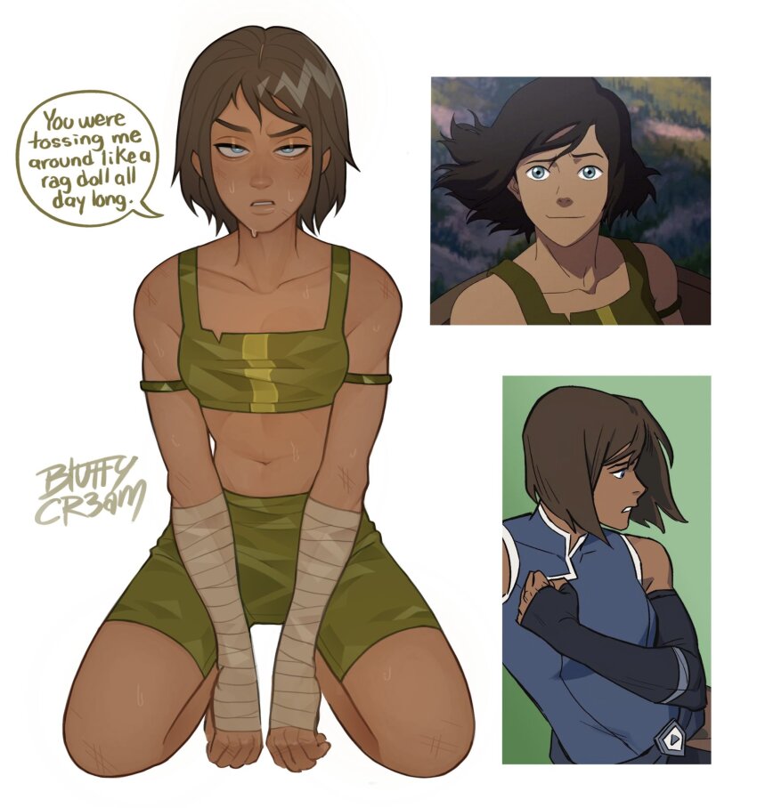 1girl abs amezcuosa avatar_legends blue_eyes dark-skinned_female dark_skin english_text gloves highres korra looking_at_viewer muscular muscular_female shorts solo speech_bubble the_legend_of_korra