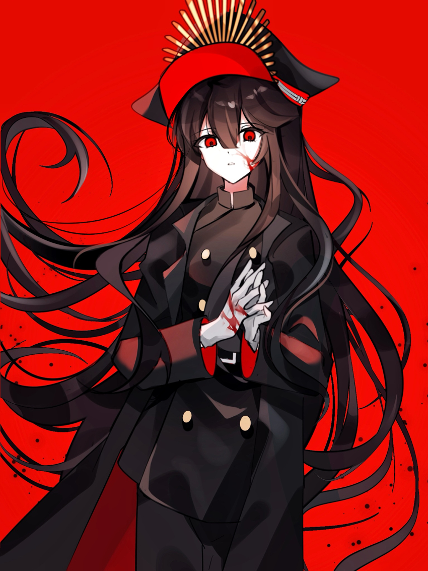 1girl black_coat black_hair black_hat black_jacket black_pants blood blood_on_face blood_on_hands buttons coat fate/grand_order fate_(series) hat highres jacket long_hair long_sleeves looking_at_viewer oda_nobunaga_(fate) oda_nobunaga_(koha-ace) oda_uri open_clothes open_coat pants peaked_cap red_background red_eyes simple_background solo xixing_chun