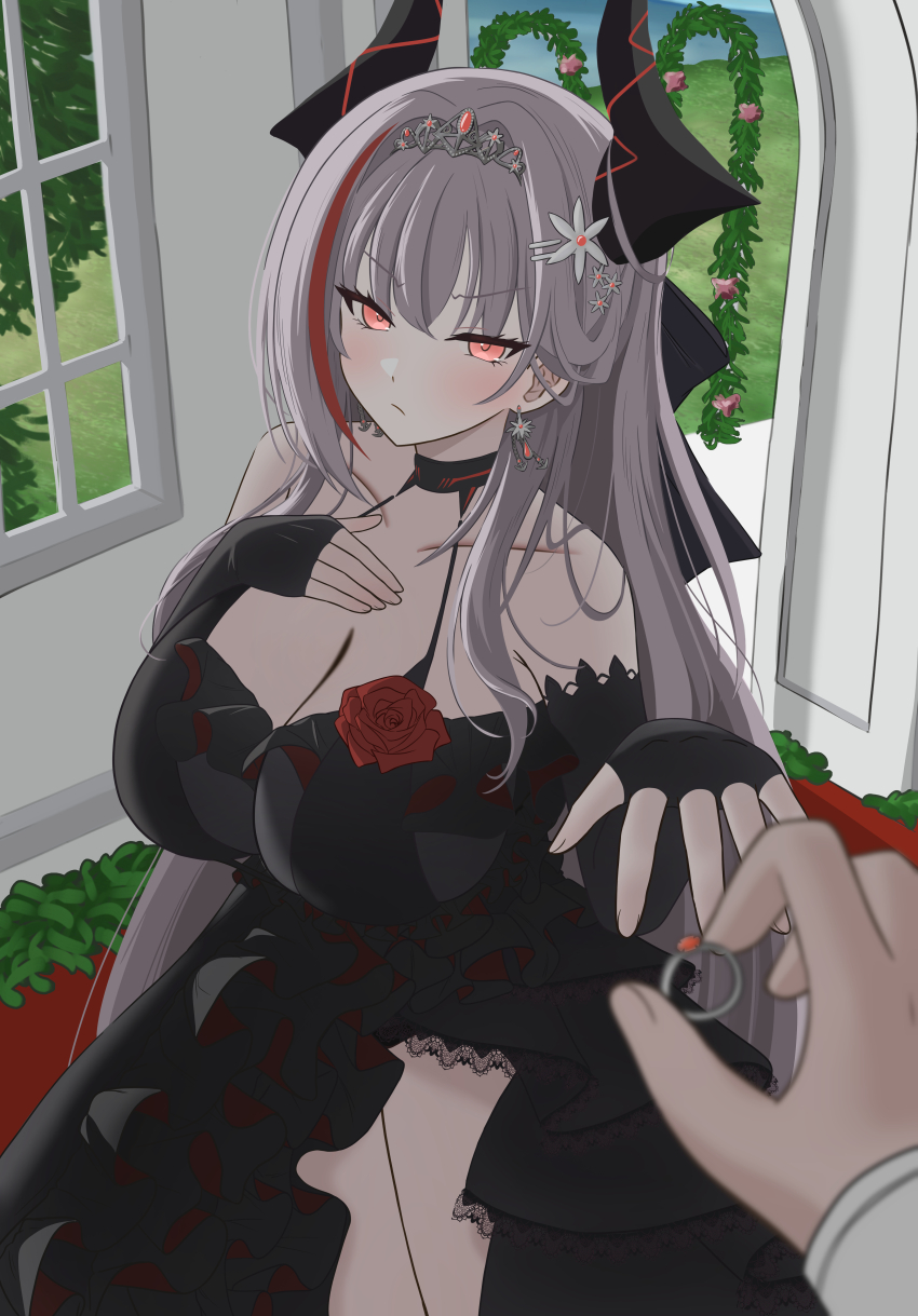 1boy 1girl absurdres admiral_zenker_(azur_lane) azur_lane bare_shoulders black_bow black_dress black_gloves black_horns blush bow breasts butadiene cleavage closed_mouth commander_(azur_lane) dress earrings fingerless_gloves flower frilled_dress frills gloves grey_hair hair_bow hair_flower hair_ornament hand_on_own_chest highres horns jewelry large_breasts layered_dress multicolored_hair pov pov_hands red_eyes red_hair red_streaks ring tiara wedding_dress wedding_ring white_flower