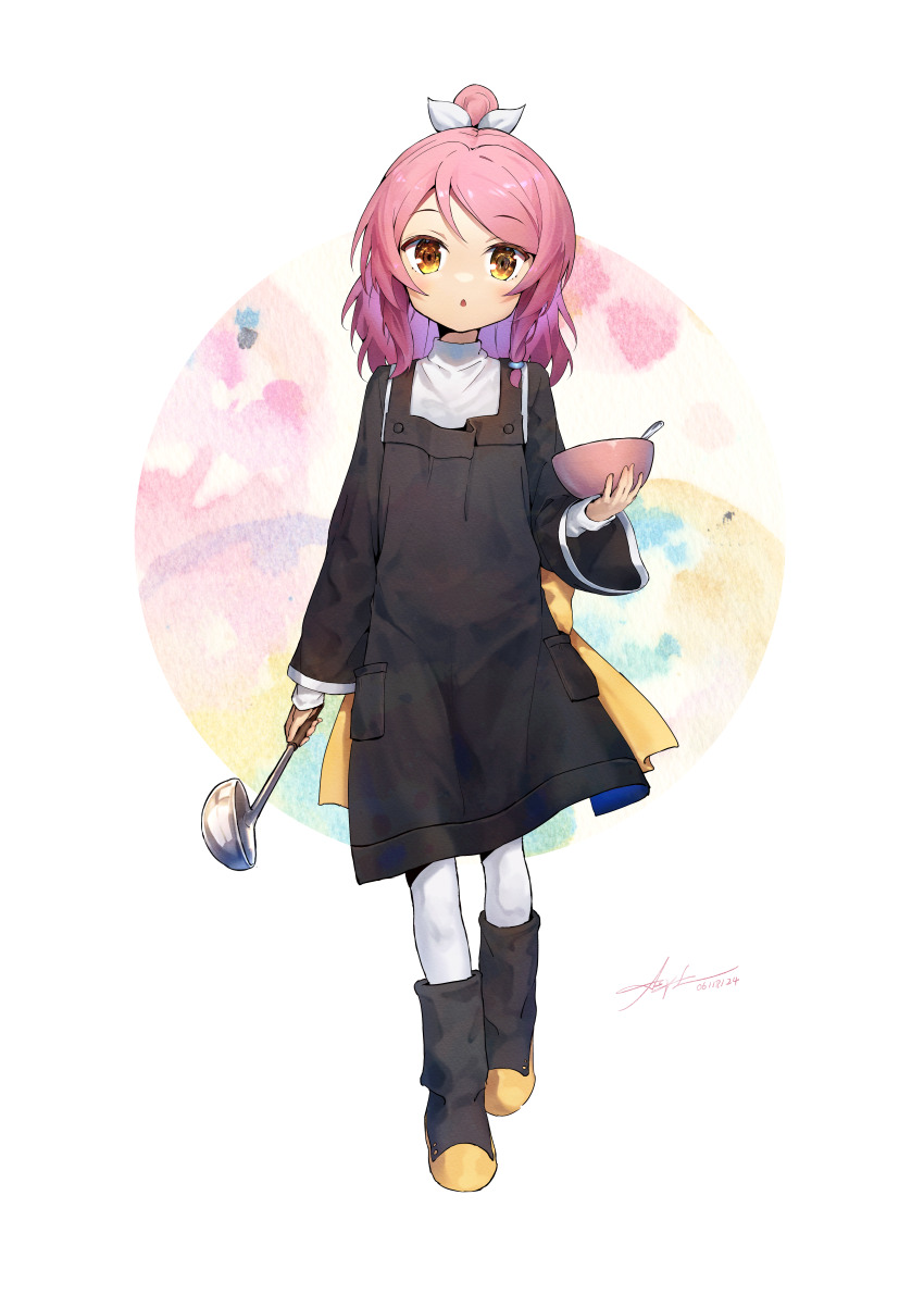 1girl absurdres ap04astral apron black_apron black_boots black_dress boots bow bowl carol_(sora_no_method) dated dress full_body hair_bow highres holding holding_bowl holding_ladle ladle long_sleeves looking_at_viewer medium_hair orb pantyhose parted_lips pink_hair ponytail shirt sidelocks signature simple_background solo sora_no_method white_background white_bow white_pantyhose white_shirt yellow_eyes