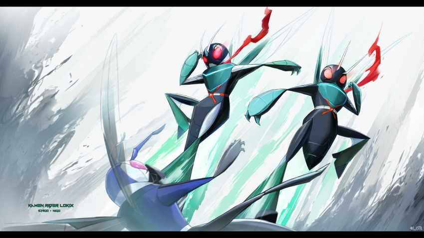 colored_skin flying_kick fusion game_freak green_skin highres jcstr kamen_rider kamen_rider_(1st_series) kamen_rider_1 kamen_rider_1_(shin) kamen_rider_2 kamen_rider_2_(shin) kicking lokix nintendo pokemon pokemon_(creature) red_eyes red_scarf rider_kick scarf