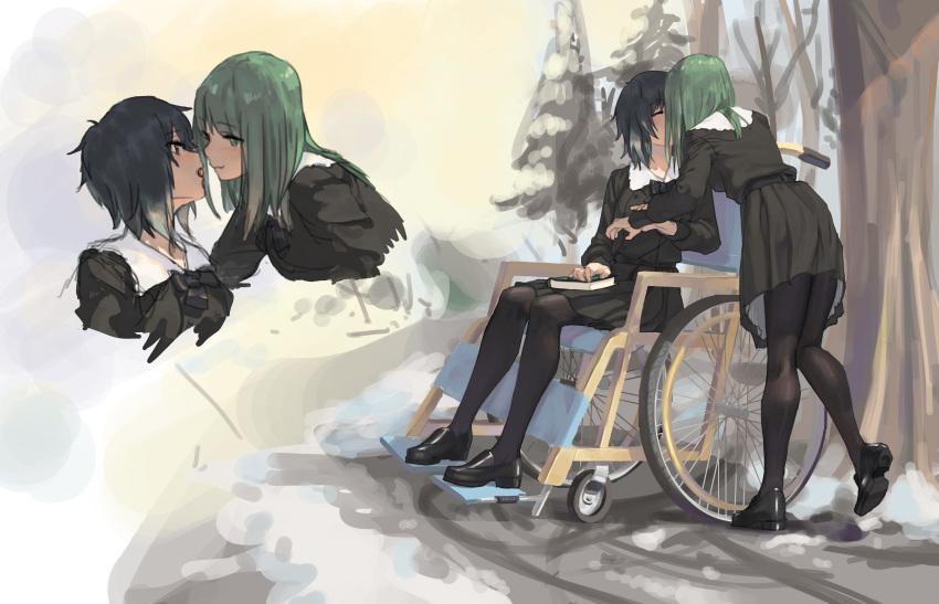 2girls absurdres black_footwear black_hair black_legwear black_neckwear black_shirt black_skirt blouse book book_on_lap bow bowtie closed_eyes closed_mouth collar commentary flowers_(innocent_grey) green_eyes green_hair hand_on_another&#039;s_arm highres kiss long_hair long_sleeves medium_hair messy_hair multicolored_hair multiple_girls multiple_views open_mouth outdoors pantyhose shirt sitting skirt standing standing_on_one_leg streaked_hair takasaki_chidori tongue wheelchair white_collar yaegaki_erika yunyangmao yuri