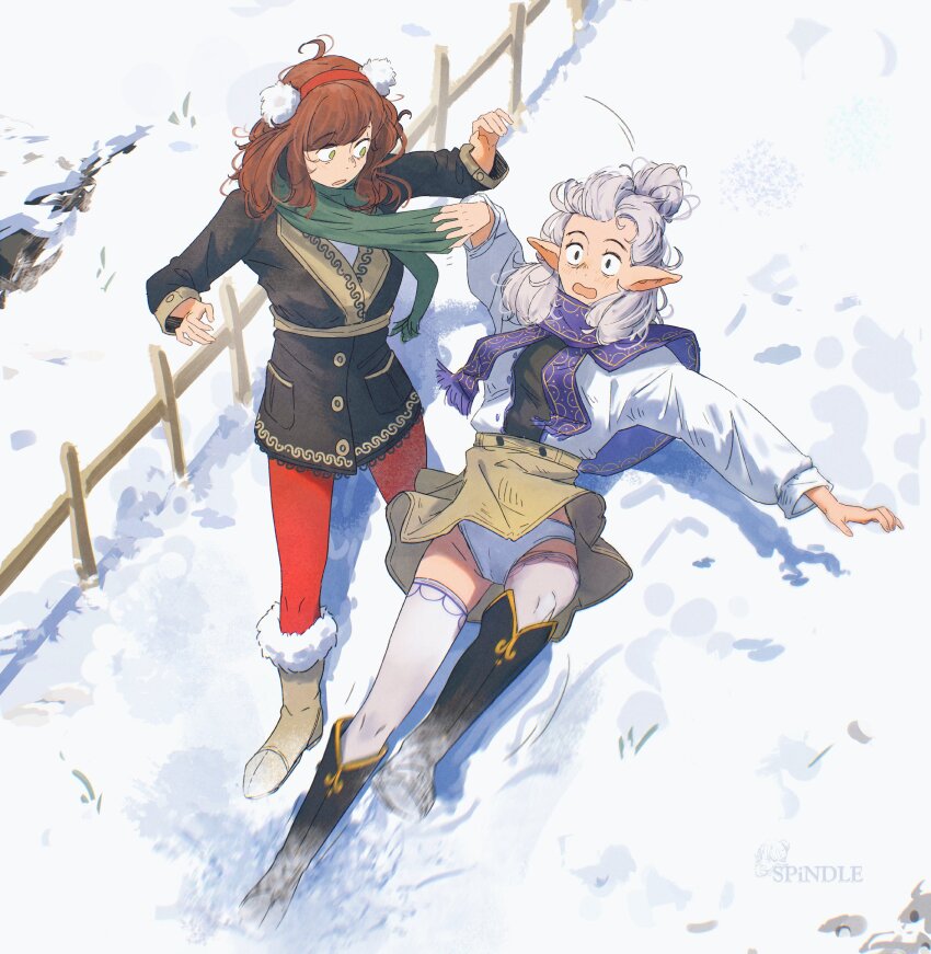 2girls absurdres accident accidental_exposure ahoge artist_logo artist_name asimov_(spindle_(aidenr0)) black_boots black_eyes black_jacket black_shirt blush bob_cut boots breasts brown_boots brown_hair brown_skirt clothes_grab clothes_lift commentary constricted_pupils couple day elf english_commentary falling fence from_above fur-trimmed_boots fur_trim gold_trim grass green_eyes green_scarf groin hair_bun hairband high-waist_skirt highres jacket knee_boots leggings logo loose_hair_strand medium_breasts medium_hair messy_hair multiple_girls neckwear_grab open_mouth original ottilie_(spindle_(aidenr0)) outdoors panties pantyshot pointy_ears pom_pom_(clothes) purple_scarf raised_eyebrows red_hairband red_leggings scarf scarf_grab shirt shouting single_hair_bun skirt skirt_lift slipping snow spindle_(aidenr0) standing surprised thighhighs underwear white_hair white_jacket white_panties white_shirt white_thighhighs wide-eyed winter winter_clothes yuri