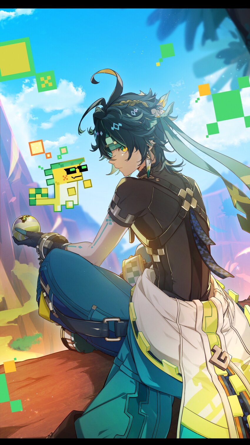 1boy absurdres aiwo_o_lite ajaw_(genshin_impact) antenna_hair aqua_gloves aqua_pants ball black_gloves black_hair black_shirt blonde_hair blue_pants blue_sky blurry blurry_background bracelet braid cliff closed_mouth clothes_around_waist cloud commentary_request crossed_bangs day ear_piercing earrings expressionless from_behind genshin_impact gloves green_eyes green_hair green_headband green_ribbon hair_between_eyes hair_ribbon headband highres holding holding_ball jewelry kinich_(genshin_impact) ledge letterboxed light_particles looking_at_viewer looking_back male_focus mountain multicolored_eyes multicolored_hair outdoors pants parted_bangs piercing ribbon shirt short_hair short_sleeves sidelocks single_braid sitting sky solo spiked_ear_piercing streaked_hair two-tone_gloves yellow_eyes