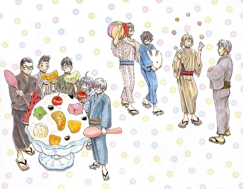6+boys ahoge arms_at_sides banana beard black_hair black_kimono blonde_hair blue_kimono blue_sash blush_stickers brown_kimono brown_sash carrying_over_shoulder cheekbones cherry crossed_arms cup dot_nose facial_hair food fruit geta glasses gotou_masamune green_sash grey_kimono hands_up hayashida_takahashi holding holding_spoon ice_cream japanese_clothes kimono kiriyama_rei kumakura_kengo laughing looking_at_another male_focus mandarin_orange matsumoto_issa melon misumi_tatsuyuki multicolored_background multiple_boys nikaidou_harunobu obi open_mouth oversized_food oversized_object polka_dot polka_dot_kimono ponytail pumpkin red_sash sandals sangatsu_no_lion sash serious shimada_kai_(sangatsu_no_lion) short_ponytail simple_background smile souya_touji sparkle sparkle_background spiked_hair spoon standing striped_clothes striped_kimono striped_sash thick_eyelashes tsurime umino_chika v-shaped_eyebrows walking watermelon white_background white_kimono wide_shot yellow_kimono yukata