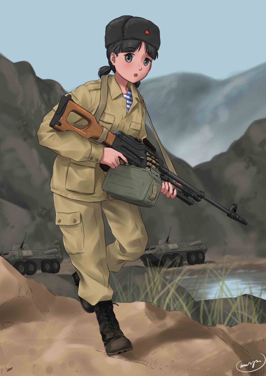 1girl ammunition ammunition_belt ammunition_box armored_personnel_carrier armored_vehicle bipod black_boots black_eyes black_hat blue_shirt boots brown_pants brown_shirt cargo_pants collared_shirt combat_boots commentary day english_commentary full_body fur_hat general_purpose_machine_gun grass grey_hat gun gun_sling handle hat hat_ornament highres holding holding_gun holding_weapon long_sleeves looking_ahead low_twintails machine_gun medium_hair military military_uniform military_vehicle motor_vehicle mountain mrxinom open_collar open_mouth outdoors pants pkm pocket red_star shirt signature sky soldier solo soviet standing star_(symbol) star_hat_ornament striped_clothes striped_shirt telnyashka trigger_discipline twintails two-tone_shirt undershirt ushanka war_in_afghanistan water weapon white_shirt