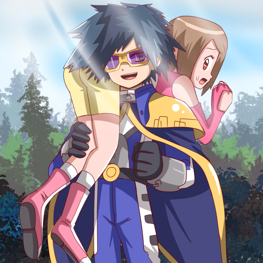1boy 1girl blue_eyes blue_hair brown_eyes brown_hair commission deviantart digimon digimon_adventure_02 forest highres hikariangelove ichijouji_ken kidnapping nature surprised yagami_hikari
