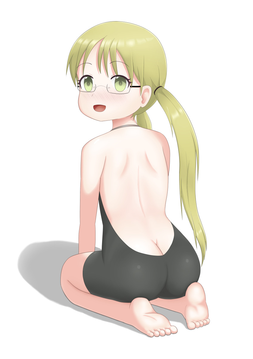 1girl absurdres apron back blonde_hair feet glasses green_eyes highres kokoblk loli made_in_abyss ponytail riko_(made_in_abyss)