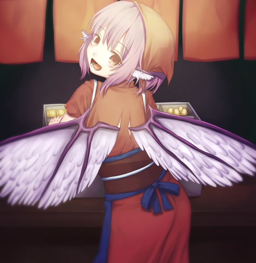 1girl animal_ears bird_ears bird_wings brown_eyes brown_headscarf food_stand from_behind headscarf highres japanese_clothes looking_back mystia_lorelei okamisty open_mouth pink_hair rnkgmn short_hair short_sleeves smile solo touhou white_wings wings yatai