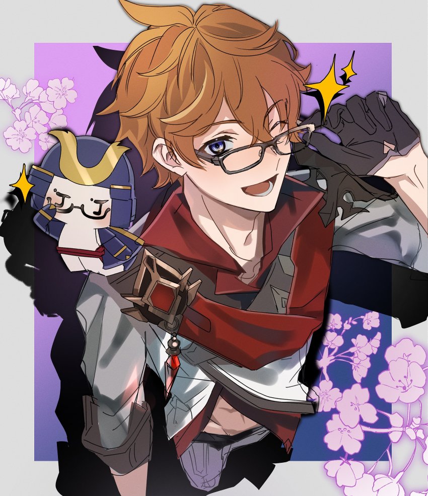 1boy ;d absurdres bespectacled black-framed_eyewear black_gloves blue_eyes commentary crossed_bangs floating floral_background from_above genshin_impact glasses gloves grey_jacket grey_pants half_gloves hand_up highres jacket male_focus one_eye_closed open_mouth orange_hair pants plus_q purple_background shiki_koshou shikigami short_hair smile solo sparkle tartaglia_(genshin_impact)