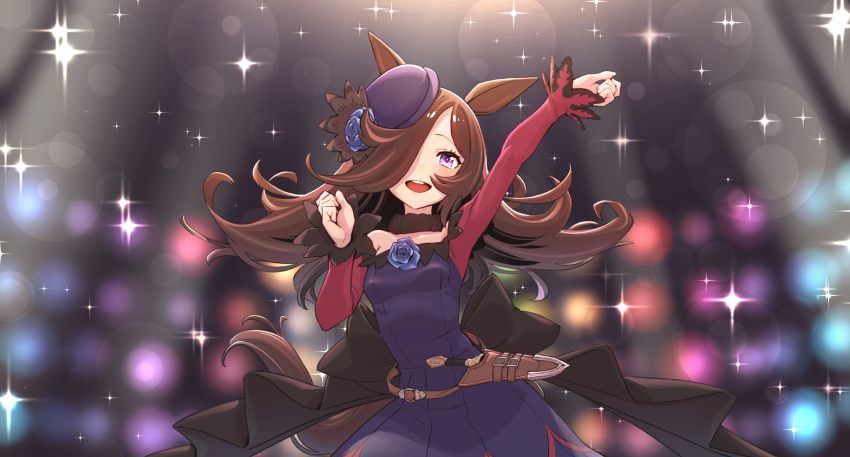 1girl animal_ears asymmetrical_bangs back_bow bare_shoulders black_bow black_choker blue_dress blue_flower blue_hat blue_rose bow breasts brown_hair choker commentary_request contrapposto cowboy_shot dagger dancing diffraction_spikes dress dress_flower flipped_hair flower fur_choker hair_over_one_eye hand_up hat hat_flower highres horse_ears horse_girl horse_tail kawayabug knife large_bow lens_flare long_bangs long_hair long_sleeves looking_at_viewer off-shoulder_dress off_shoulder official_alternate_costume purple_eyes raglan_sleeves red_sleeves rice_shower_(umamusume) rose scabbard sheath sheathed small_breasts smile solo sparkle spiked_hair square_neckline stage tail tight_clothes tilted_headwear umamusume weapon