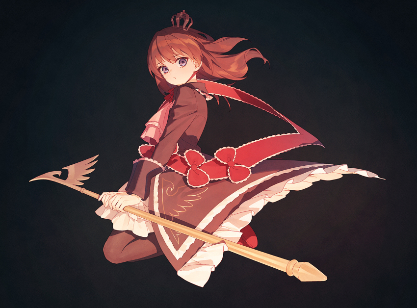 1girl aluce black_background black_dress black_pantyhose brown_hair crown dress frilled_dress frills holding holding_staff looking_at_viewer maria_(umineko) pantyhose purple_eyes red_footwear short_hair simple_background solo staff umineko_no_naku_koro_ni ushiromiya_maria