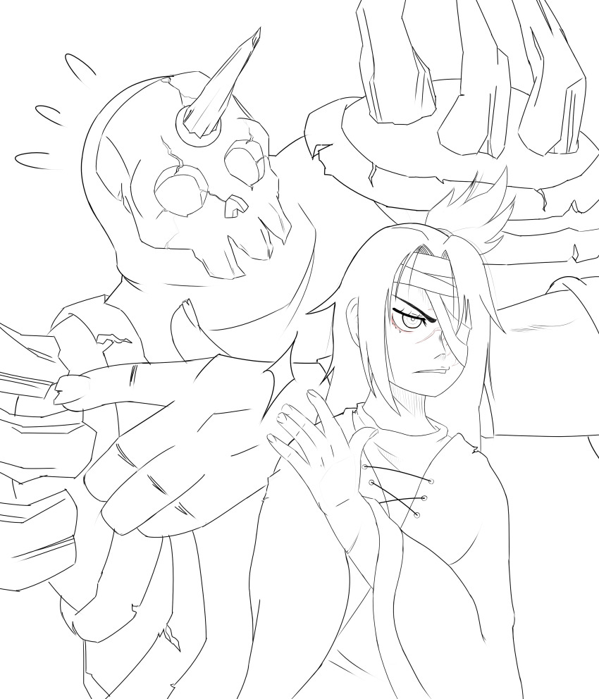 1girl absurdres bandage_over_one_eye buddy_(lisa) highres horns indioweeaboo lisa_(series) lisa_the_joyful lisa_the_painful mask poncho rando_(lisa) self-upload shoulder_spikes single_horn size_difference sketch skull_mask spikes white_background