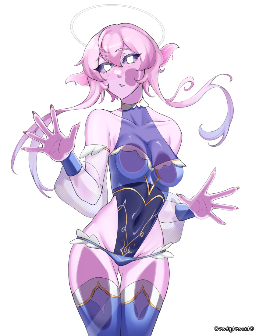 1girl against_glass cheek_squash colored_skin commission commissioner_upload condylonucla fangs glowing glowing_eyes halo highres jellyfish_girl leotard long_sidelocks looking_at_viewer original pink_skin pointy_ears very_long_sidelocks zeri_(teuthidan)
