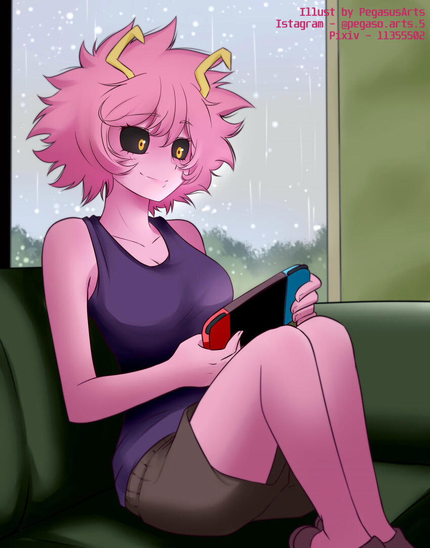 1girl artist_name ashido_mina bad_tag black_sclera boku_no_hero_academia bones_(company) colored_sclera colored_skin controller couch curly_hair game_console game_controller highres horns legs nintendo nintendo_switch nintendo_switch_2 pegasus_arts pink_fur pink_skin playing playing_games rain shirt short_hair shorts shounen_jump sitting sleevleess_shirt slippers smile yellow_eyes