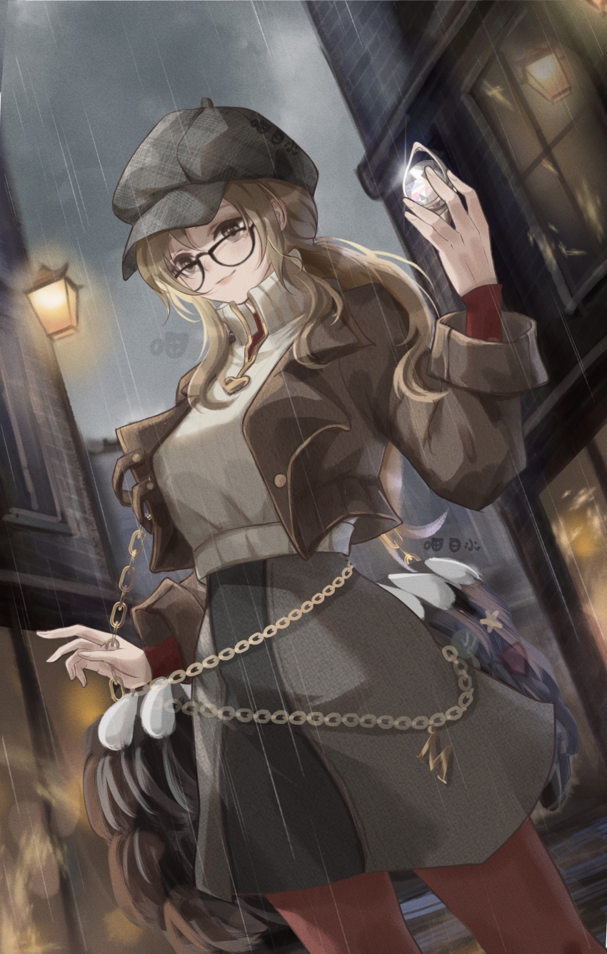 1girl absurdres bag black_bag brown_eyes brown_hair brown_jacket building cowboy_shot dutch_angle gem glasses grey_hat grey_skirt grey_sweater hand_up hat highres holding holding_gem jacket lamppost long_hair looking_at_viewer low_ponytail melania_(reverse:1999) miaobaishui miniskirt ms._acey newsboy_cap outdoors overcast pantyhose ponytail rain red_pantyhose reverse:1999 shoulder_bag skirt sky smile solo sweater