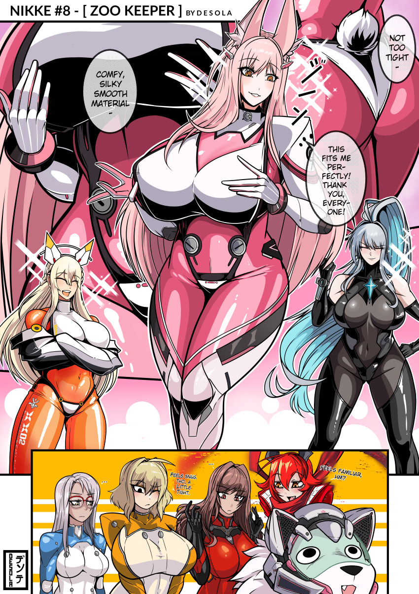 6+girls absurdres ahoge alternate_breast_size animal_ears anis_(nikke) bikini bikini_bottom_only bikini_over_clothes black_ark_ranger_(nikke) blonde_hair blush bodysuit boots breasts brown_hair combat_helmet cosplay counters_(nikke) desola fang glasses gloves goddess_of_victory:_nikke green_eyes grey_hair hair_intakes hair_ornament hat helmet highres horns impossible_bodysuit impossible_clothes jacket large_breasts latex latex_bodysuit leona_(nikke) leona_(zoo_keeper)_(nikke) lion long_hair looking_at_viewer mass-produced_nikke mass-produced_nikke_(cosplay) mechanical_horns multicolored_gloves multicolored_jacket multiple_girls neon_(nikke) official_alternate_costume open_mouth orange_bodysuit panties_over_bodysuit pink_bodysuit pink_boots pink_gloves pink_hair rapi_(mass_produced)_(nikke) rapi_(nikke) red_eyes red_hair red_hood_(nikke) red_scarf ringed_eyes scarf shiny_clothes short_hair skin_tight smile standing swimsuit thighs timi_(nikke) tove_(nikke) two-tone_hat two-tone_jacket yellow_eyes