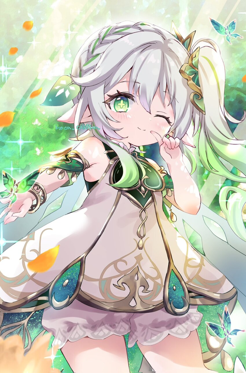 1girl ;) bare_shoulders bloomers blush bracelet commentary_request crystalfly_(genshin_impact) detached_sleeves dress feet_out_of_frame genshin_impact gold_trim gradient_hair green_eyes green_hair green_sleeves hair_between_eyes hair_ornament hand_up highres jewelry leaf_hair_ornament long_hair looking_at_viewer moca_chiffon multicolored_hair nahida_(genshin_impact) one_eye_closed pointy_ears side_ponytail sleeveless sleeveless_dress smile solo symbol-shaped_pupils underwear white_bloomers white_dress white_hair